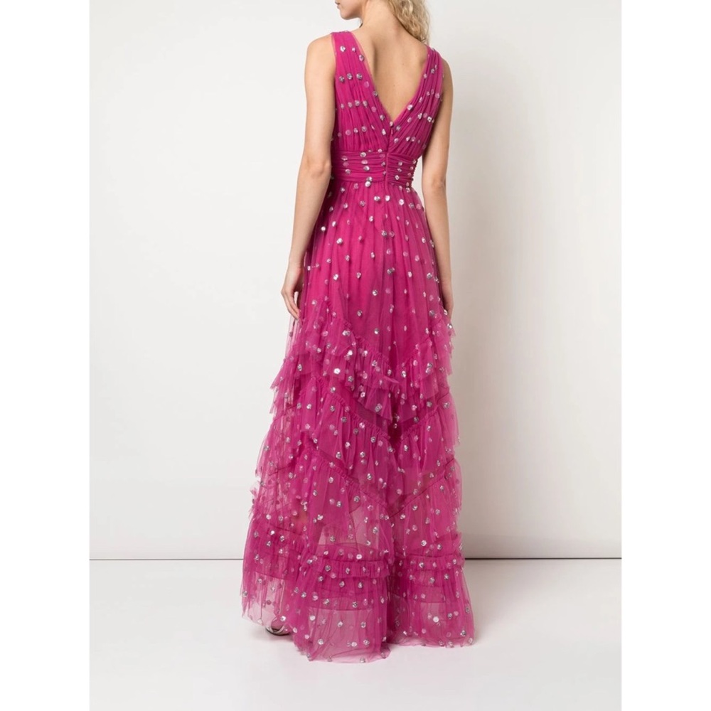 Marchesa Notte Sequin Dot Tulle Ruffle Midi Dress - Picture 2 of 13